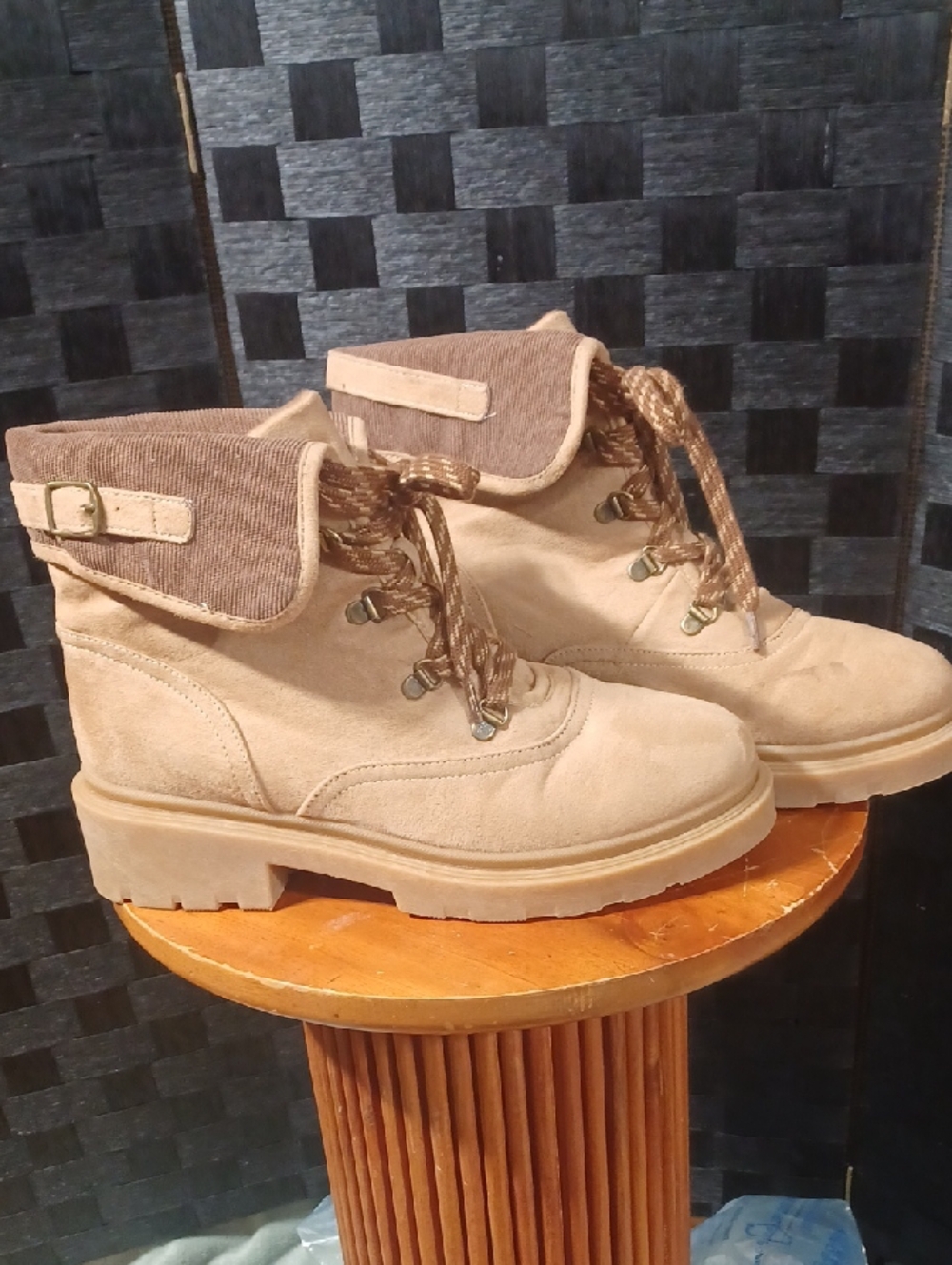 Jellypop Beige Fold-Over Lace-Up Ankle Boots